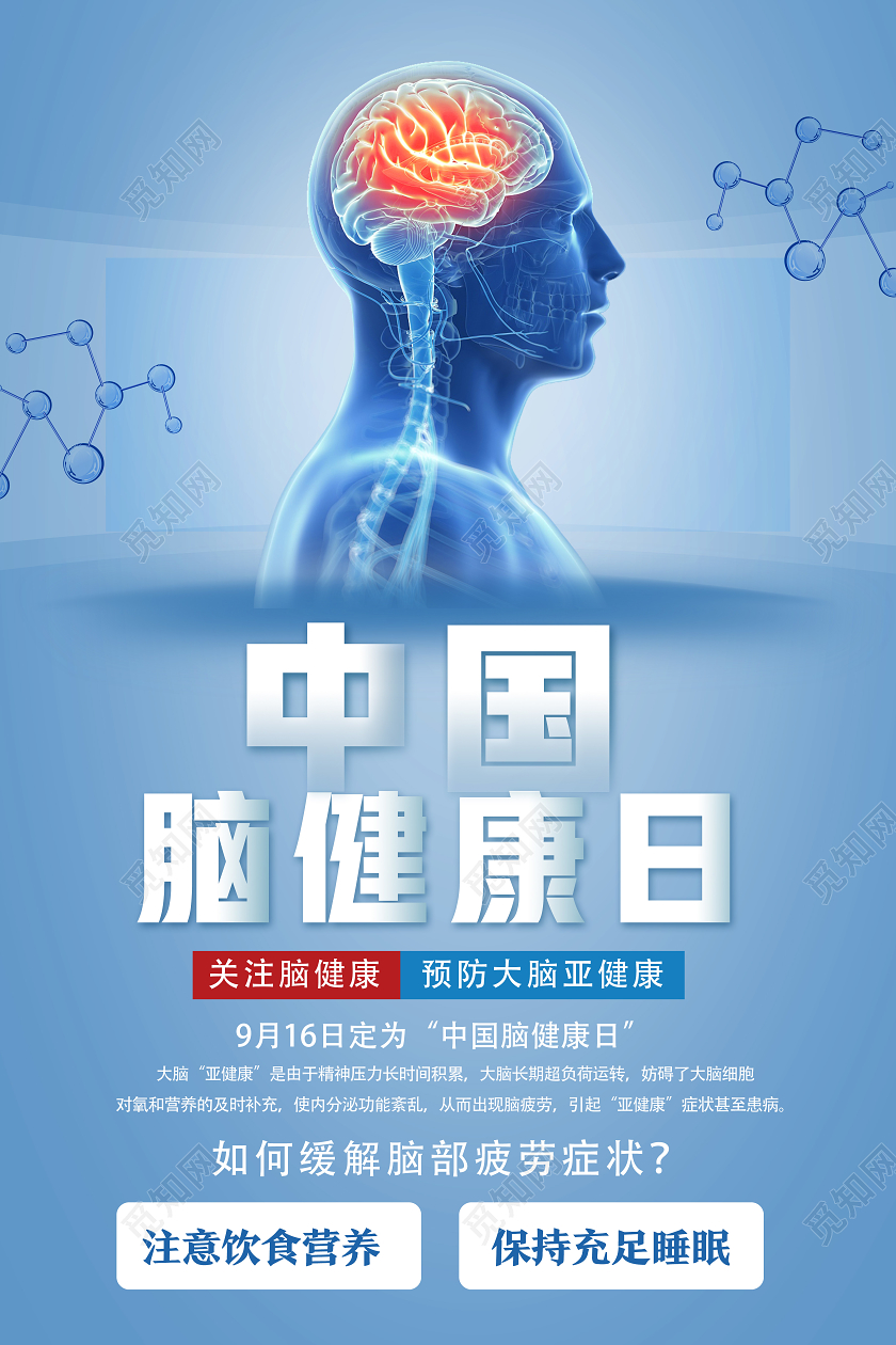 蓝色简约脑健康日中国脑健康日海报
