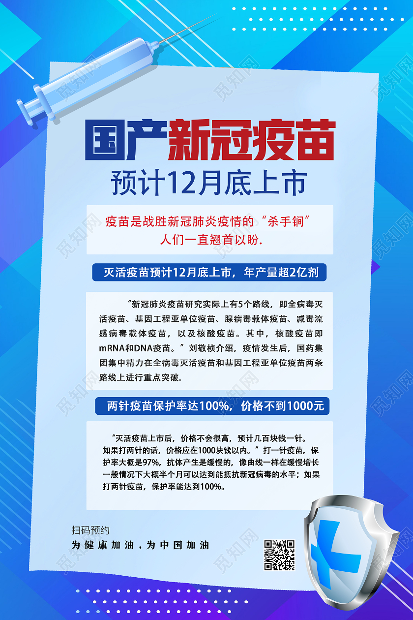 蓝色简约国产新冠疫苗预计12月底上市新冠疫苗海报