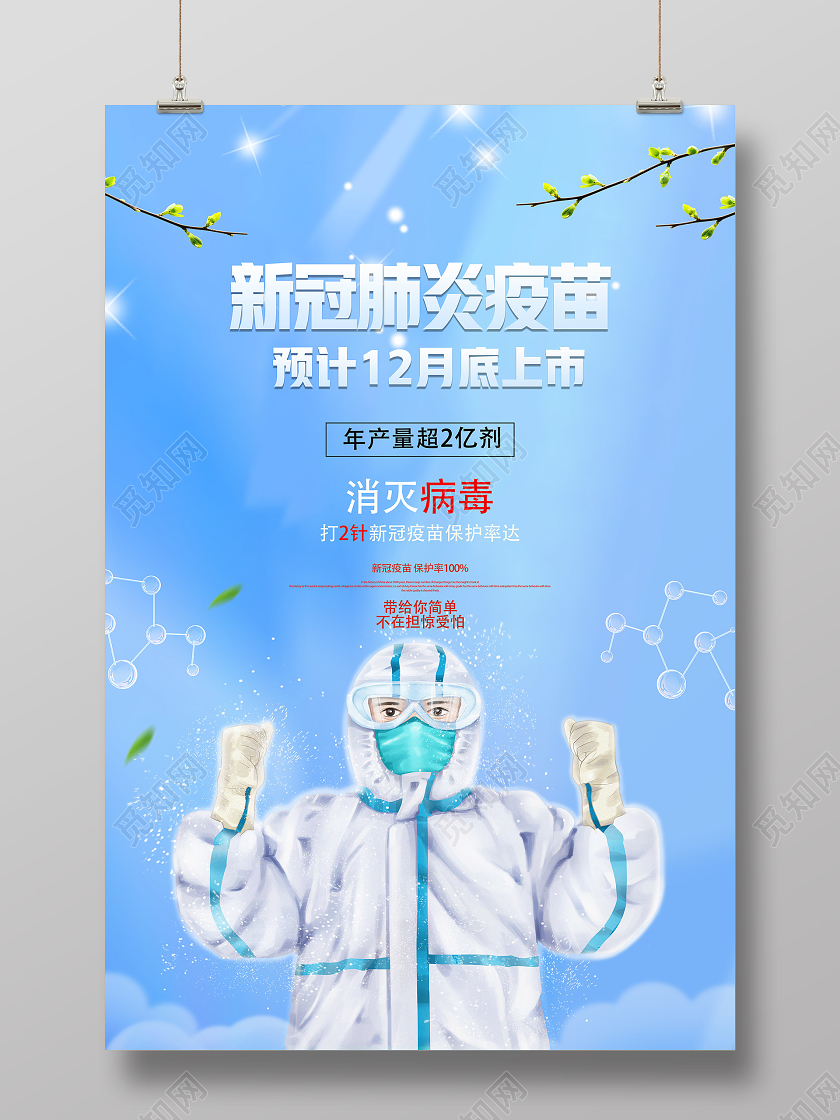 蓝色卡通新冠疫苗预计12月底上市新冠疫苗海报
