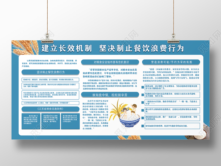 蓝色简约制止餐饮浪费展板厉行节约反对浪费