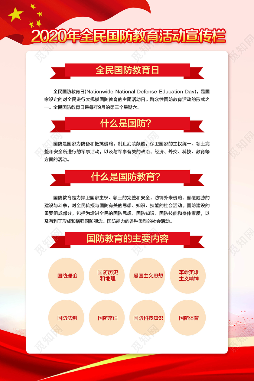 红色简约2020年全民国防教育日宣传教育海报