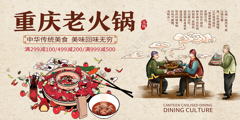 黄色手绘古风重庆老火锅展板