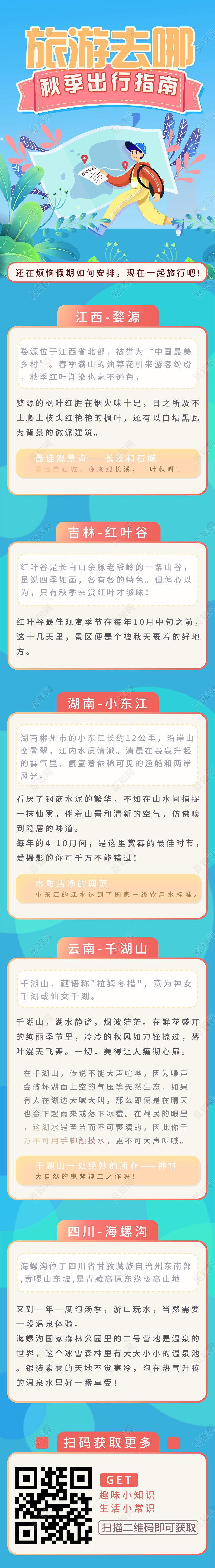 蓝色插画旅游去拿秋季出行指南UI手机长图秋季旅游UI信息长图