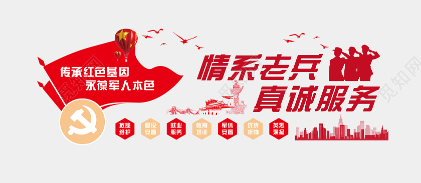 红色大气党建情系老兵真诚服务退役军人文化墙