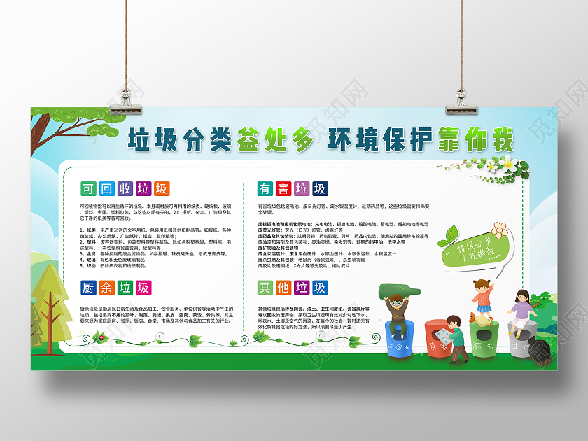 绿色卡通垃圾分类益处多环境保护靠你我公益宣传展板环保文化墙