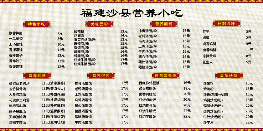 灰色大气福建沙县营养小吃美食菜单展板餐饮美食沙县小吃
