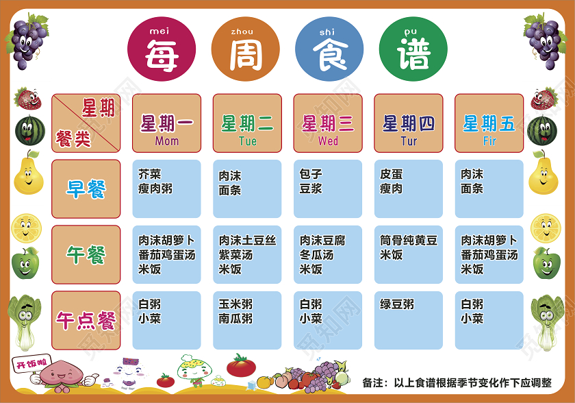 幼儿园食谱每周食谱早餐午餐午点餐