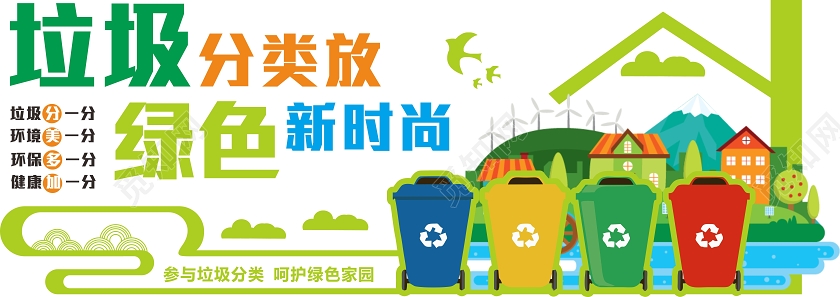 绿色创意卡通风垃圾分类放绿色新时尚环保文化墙