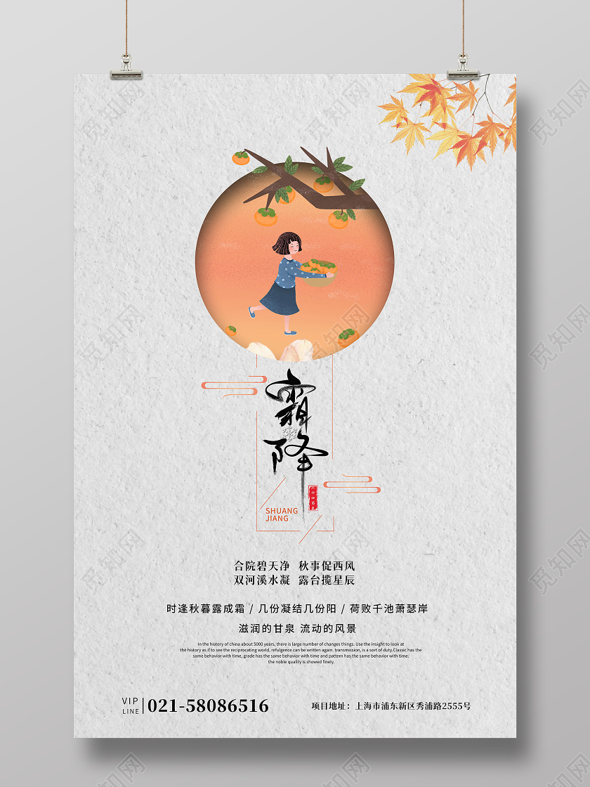 橘色二十四节气霜降插画柿子宣传海报
