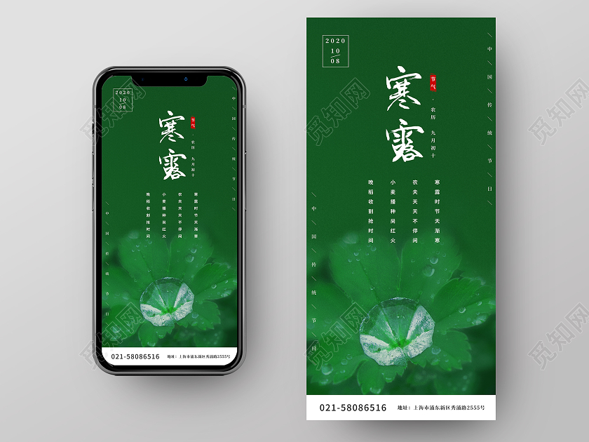 绿色叶子露珠二十四节气寒露手机海报二十四节气24节气寒露手机海报