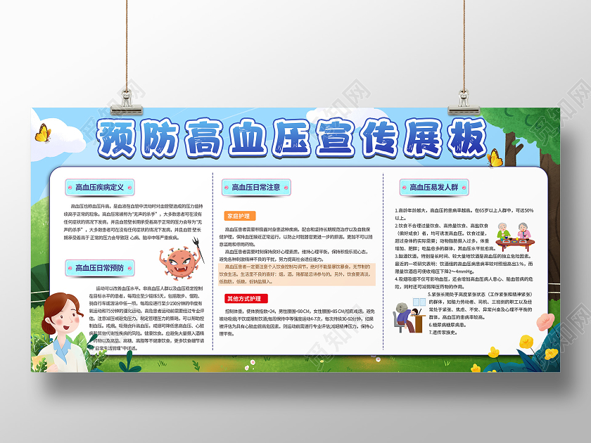 卡通插画预防高血压健康教育宣传栏宣传展板高血压宣传栏