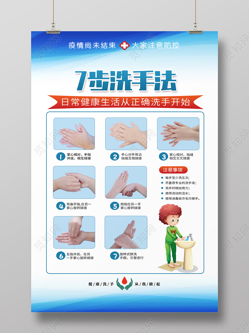 蓝色卡通洗手七步洗手法海报