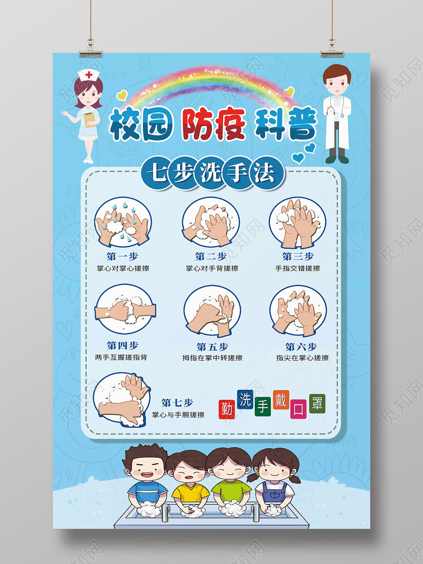 蓝色卡通七步洗手法校园防疫科普海报