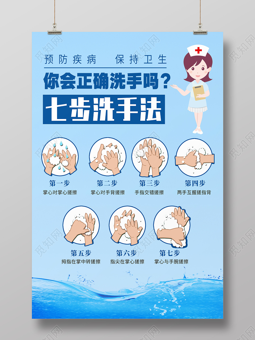 蓝色卡通七步洗手法你会正确洗手吗海报