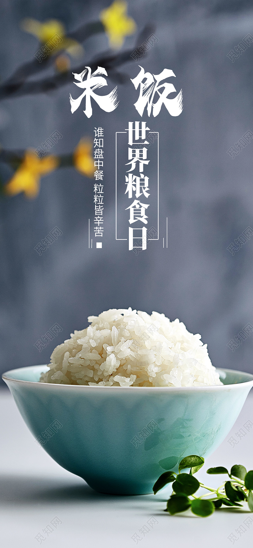 勤俭节约灰色简约米饭世界粮食日手机海报