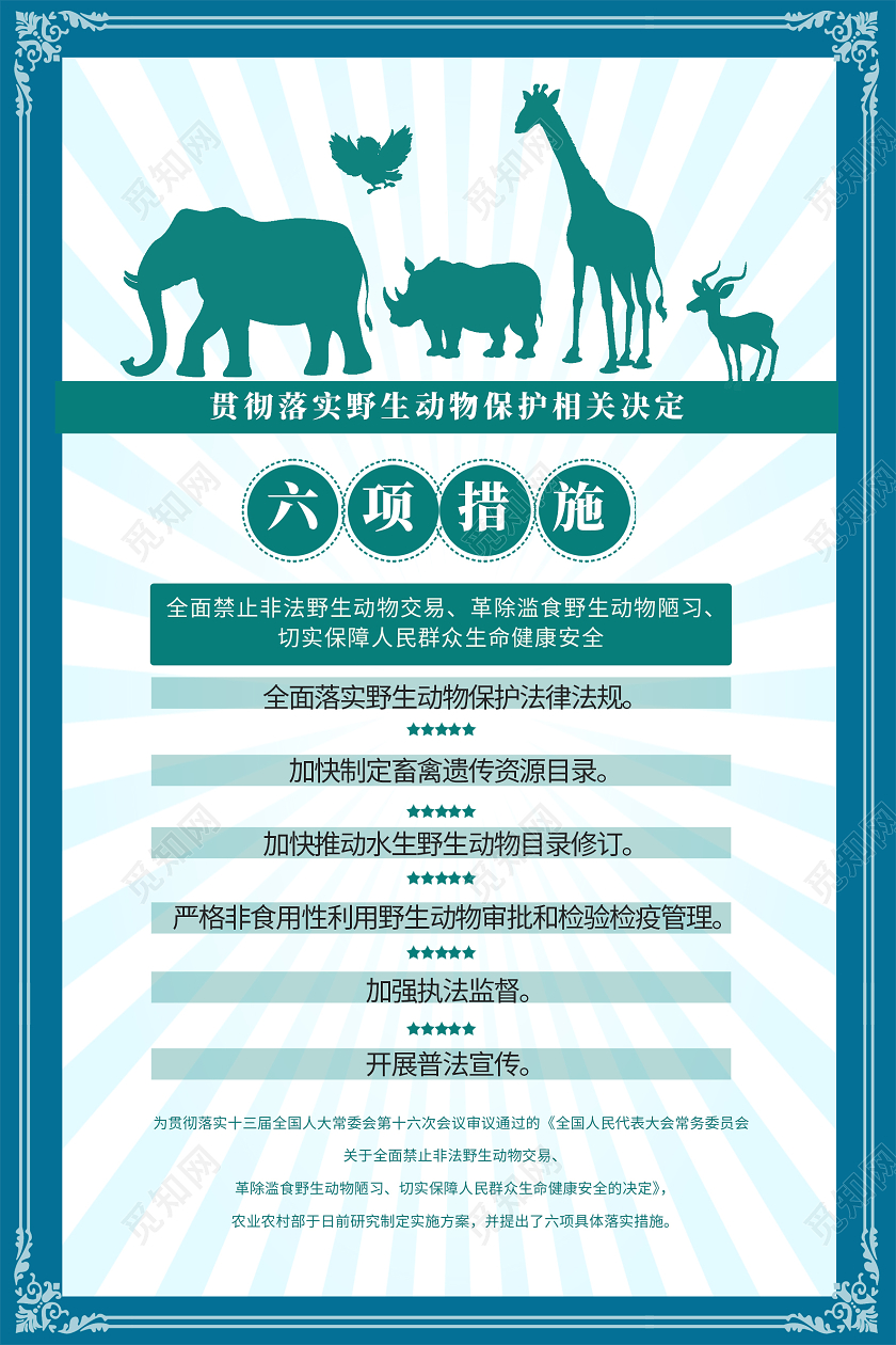 蓝色简约六项措施保护动物海报