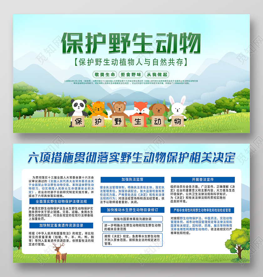 蓝色插画保护野生动物相关决定展板保护动物