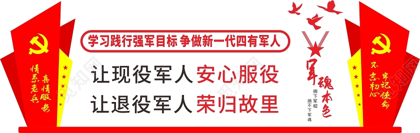 红色中国风学习践行强军目标争做新一代四有军人退役军人文化墙