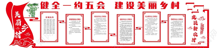 红色简约健全一约五会建设美丽乡村新农村文化墙