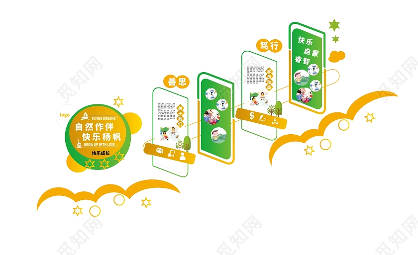 绿色卡通风格自然作伴快乐扬帆校园楼梯文化墙设计
