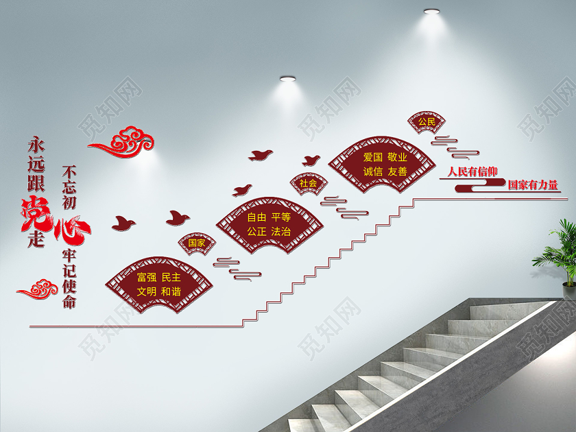 红色简约永远跟党走不忘初心牢记使命党建楼梯文化墙