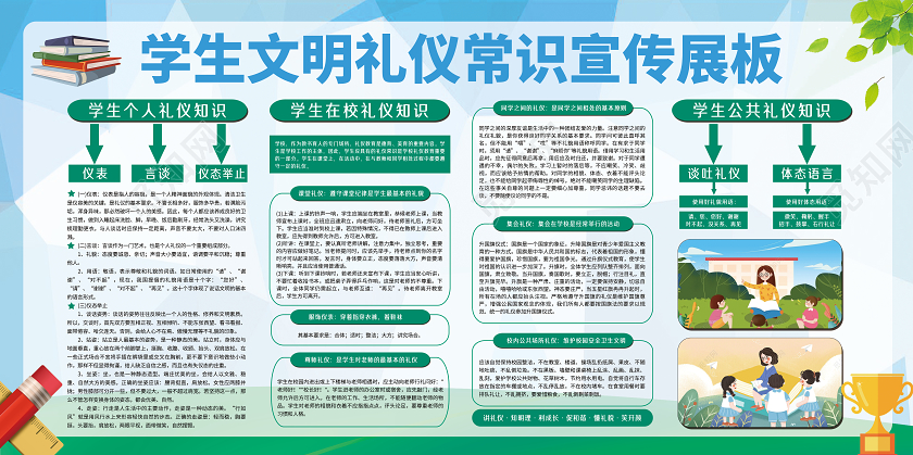 蓝色卡通学生文明礼仪常识宣传展板文明礼仪展板