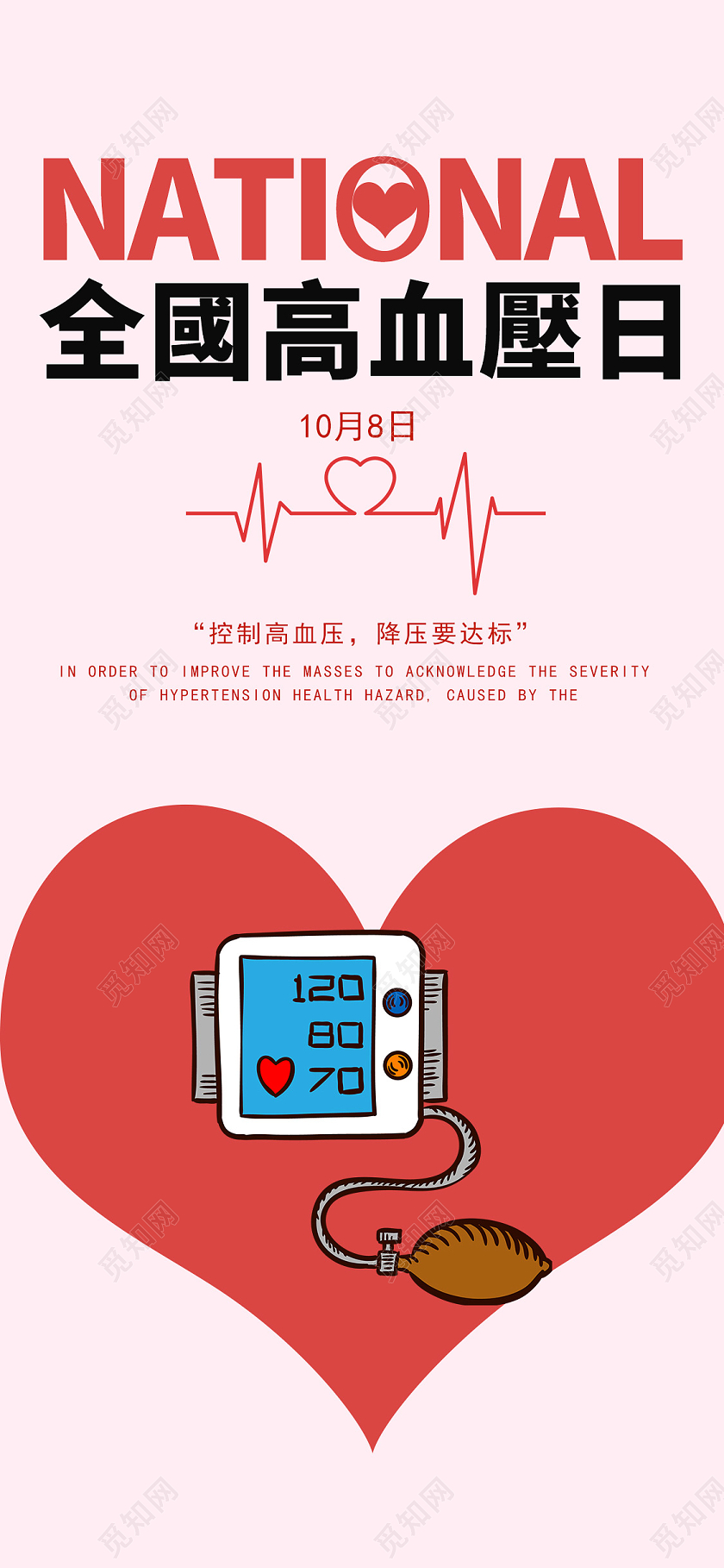 简约大气粉色系卡通风全国高血压日手机海报