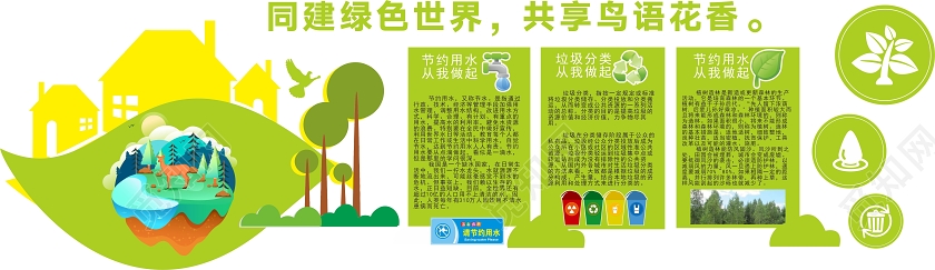 绿色卡通剪纸风同建绿色世界共享鸟语花香环保文化墙
