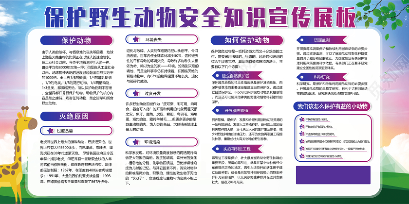 绿色环保蓝紫城市动物野生动物保护法展板宣传保护动物