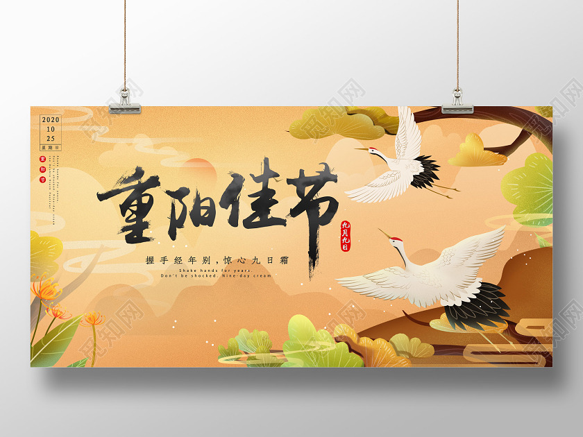 清新插画国潮重阳节节日宣传展板