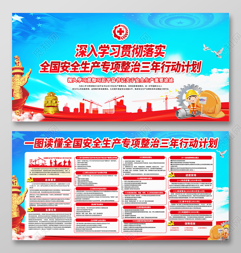 红色中国风全国安全生产专项整治三年行动计划生产安全工地展板
