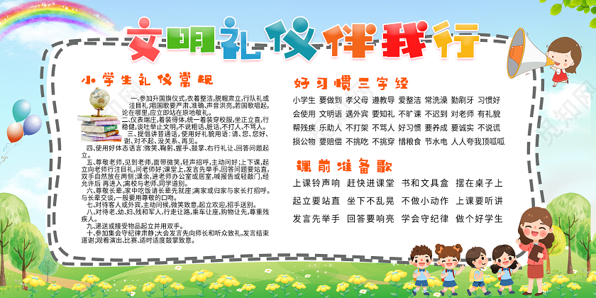 蓝色卡通文明礼仪伴我行展板