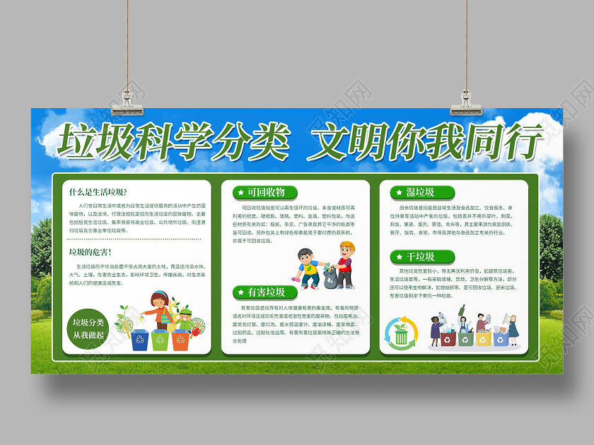 蓝天白云绿色卡通垃圾科学分类文明你我同行垃圾分类宣传画