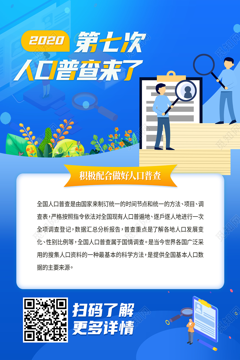 蓝色卡通第七次人口普查来了人口普查海报
