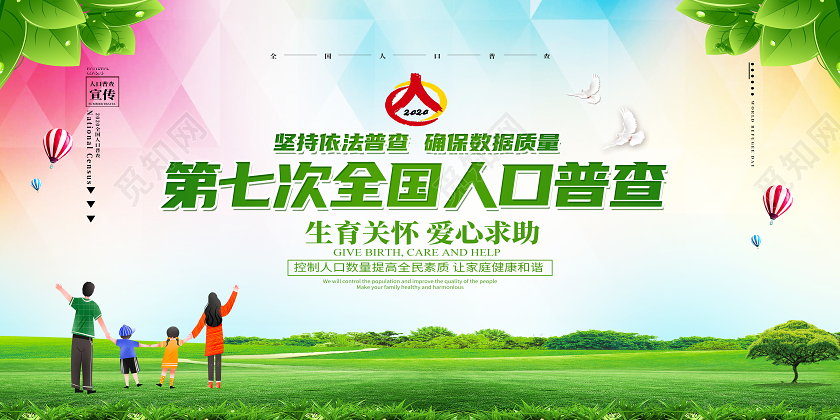绿色卡通第七次全国人口普查人口普查展板