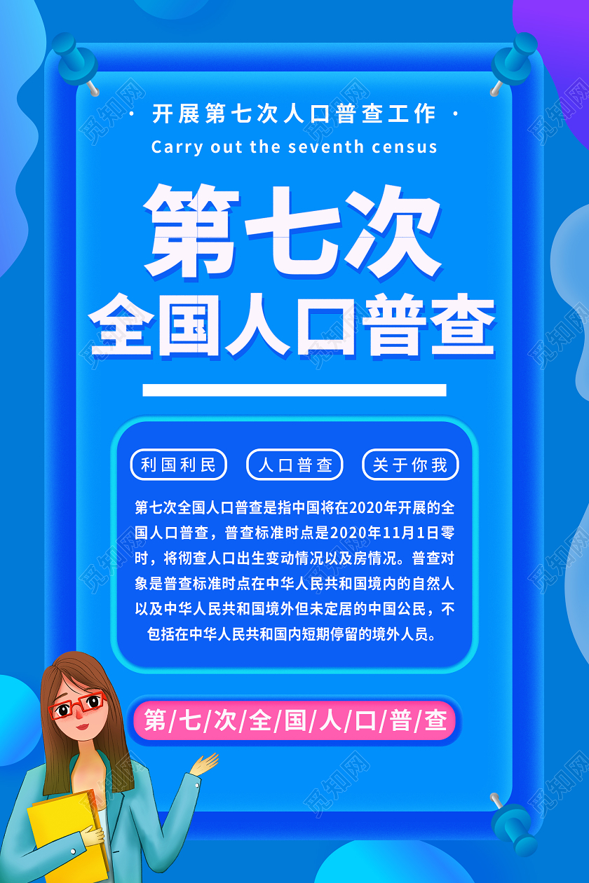 蓝色创意卡通第七次全国人口普查海报