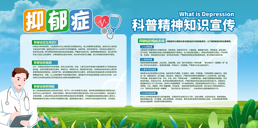 蓝绿色抑郁症科普精神知识宣传展板科普展板