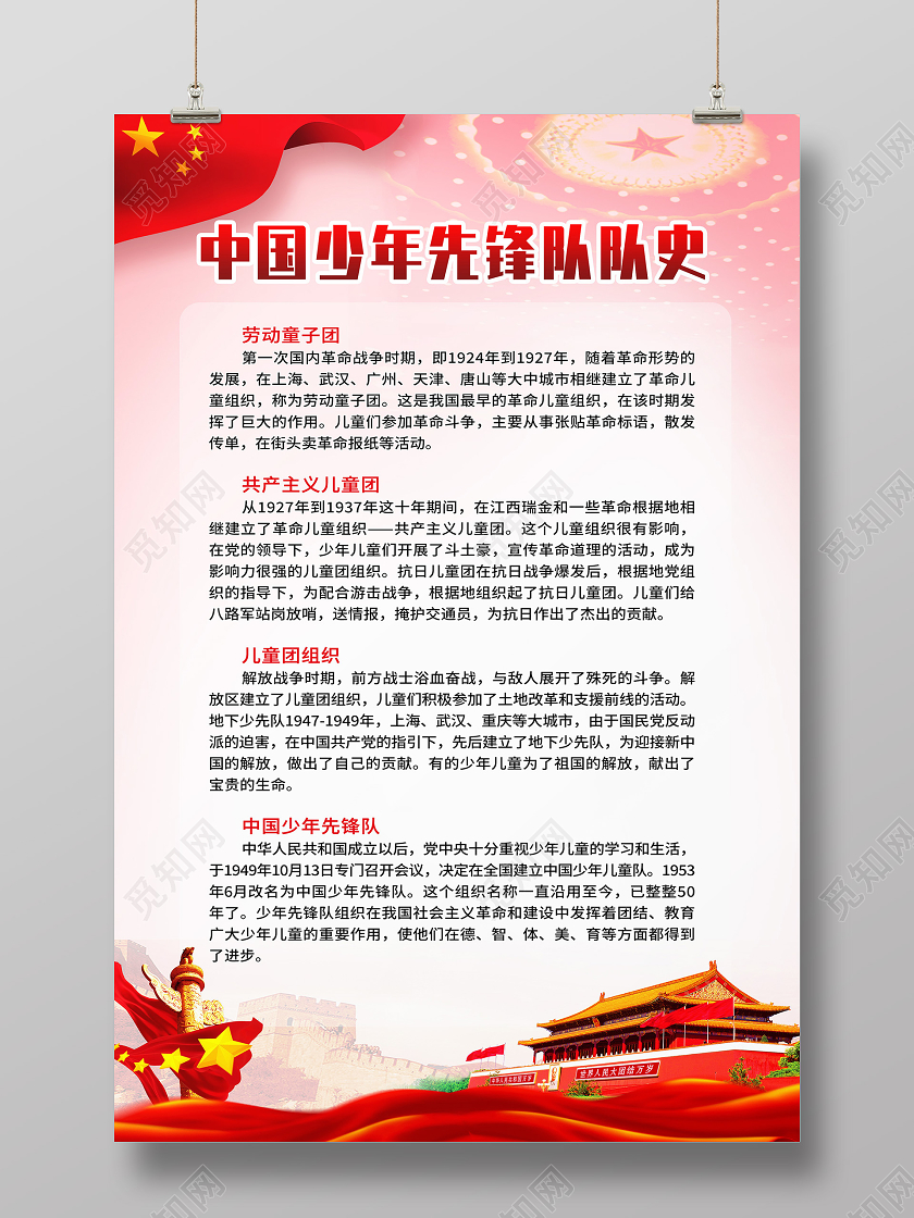 红色简约中国少年先锋队队史少先队队史海报中国少年先锋队少先队队史