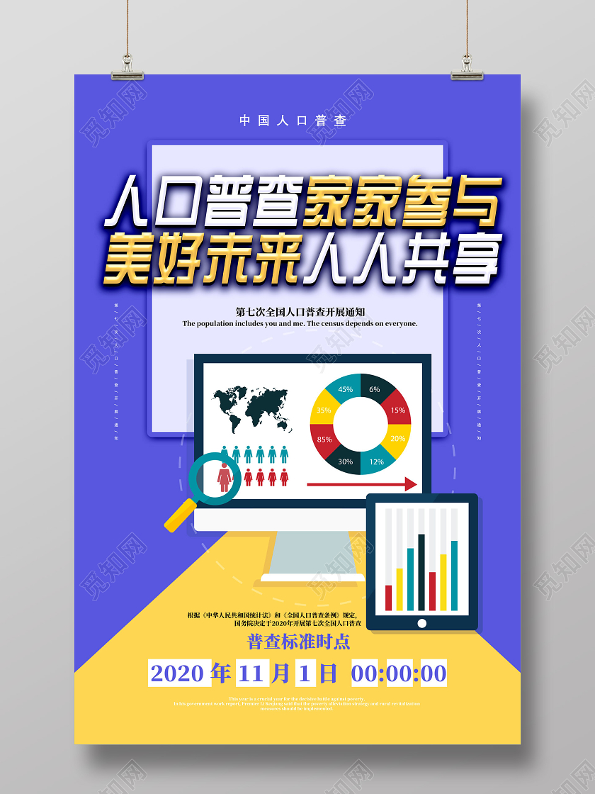 蓝色卡通人口普查家家参与美好未来人人共享人口普查海报
