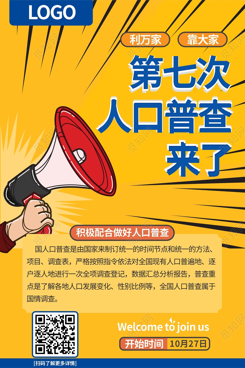 黄色创意卡通风第七次人口普查来了海报