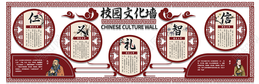 红色简约大气仁义礼智信校园文化墙儒家经典文化墙