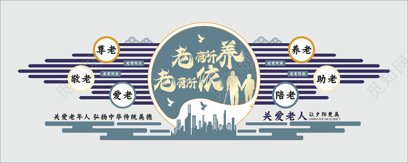 紫色关爱老人老有所养老有所依文化墙关爱老人文化墙