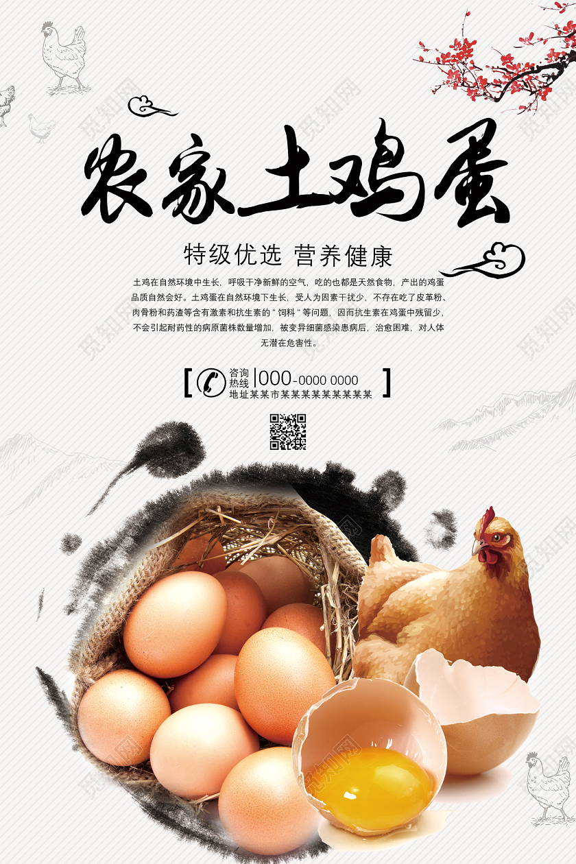 白色水墨农家土鸡蛋特级优选营养健康鸡蛋海报