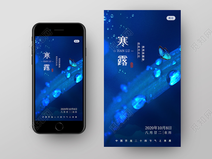 蓝色简约大气创意二十四节气寒露UI二十四节气寒露手机ui海报启动页