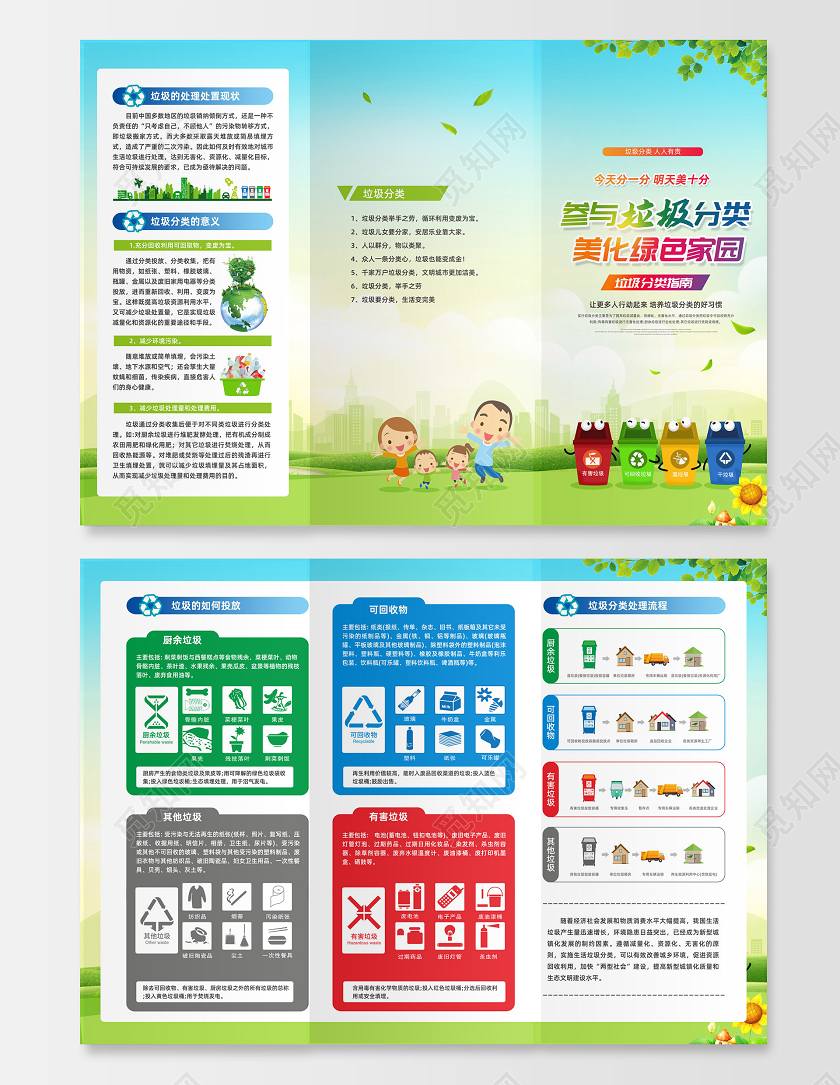 彩色简约参与垃圾分类折页美化绿色家园宣传折页三折页