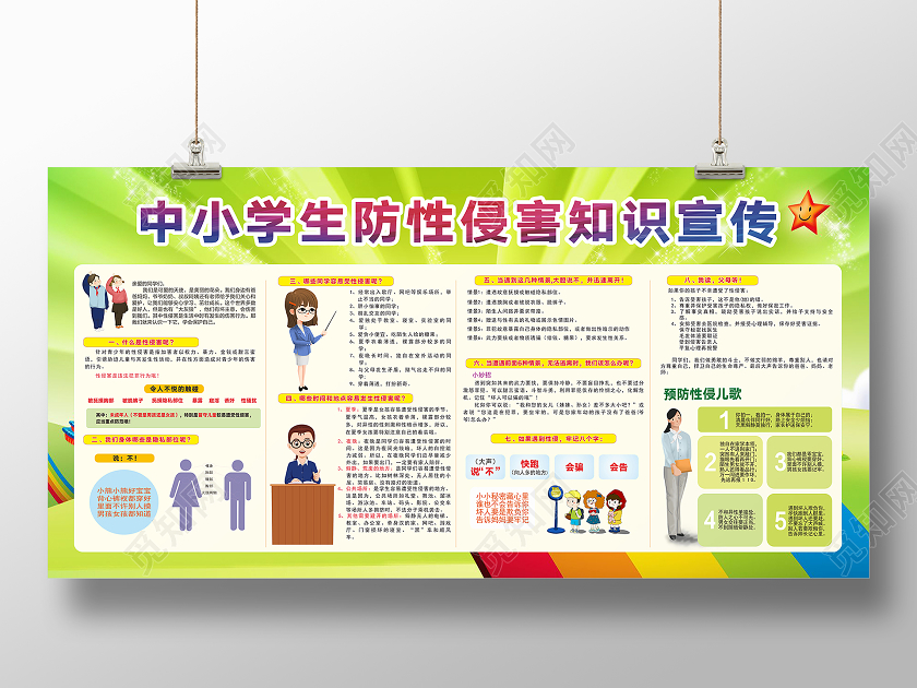 绿色创意卡通风中小学生防性侵害知识宣传展板儿童防性侵