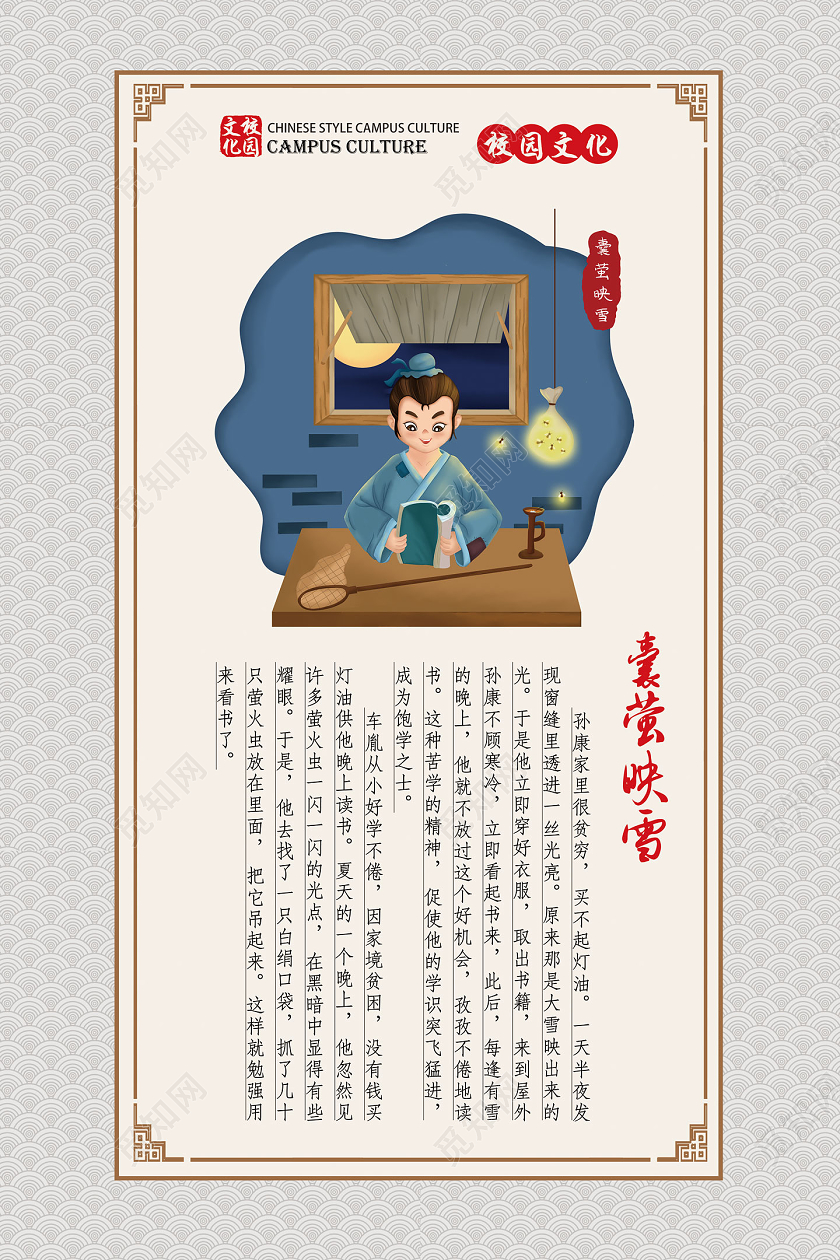 中国风校园文化闻鸡起舞凿壁借光头悬梁囊萤印雪校园故事海报