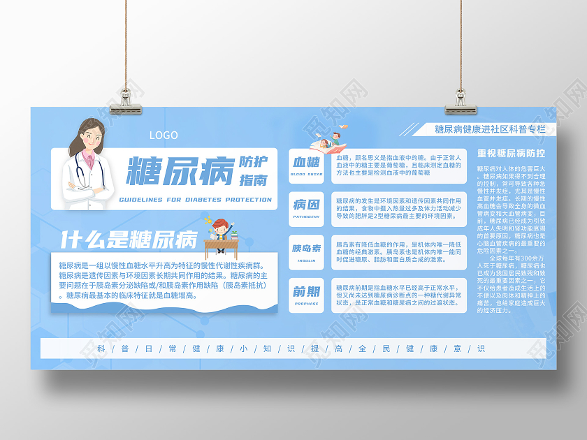 蓝色卡通糖尿病指南展板科普展板