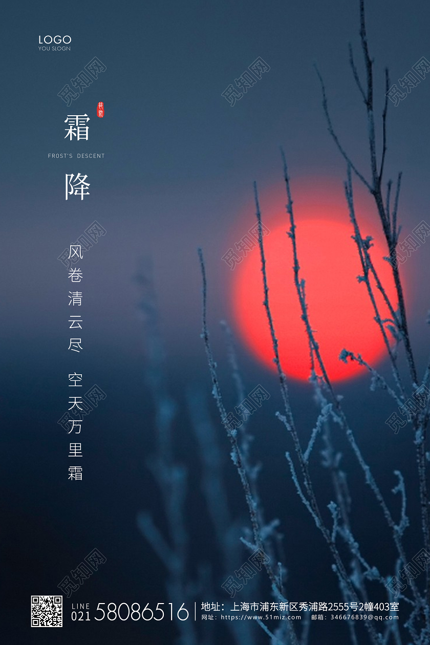 深蓝简约二十四节气霜降宣传海报