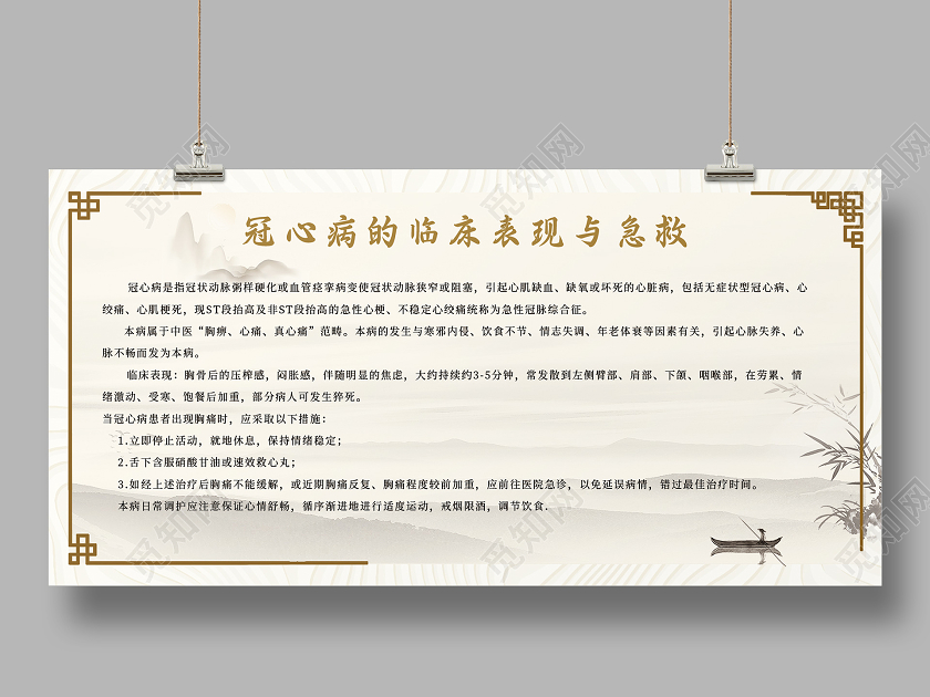 山水风冠心病的临床表现与急救宣传展板医院展板